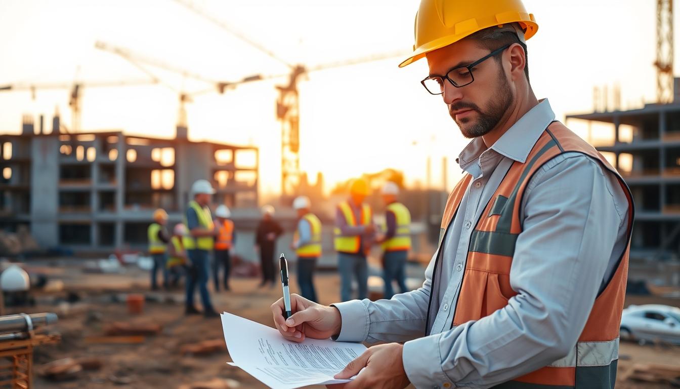 A man in a hard hat, glasses and safety vest reviews papers on a building site