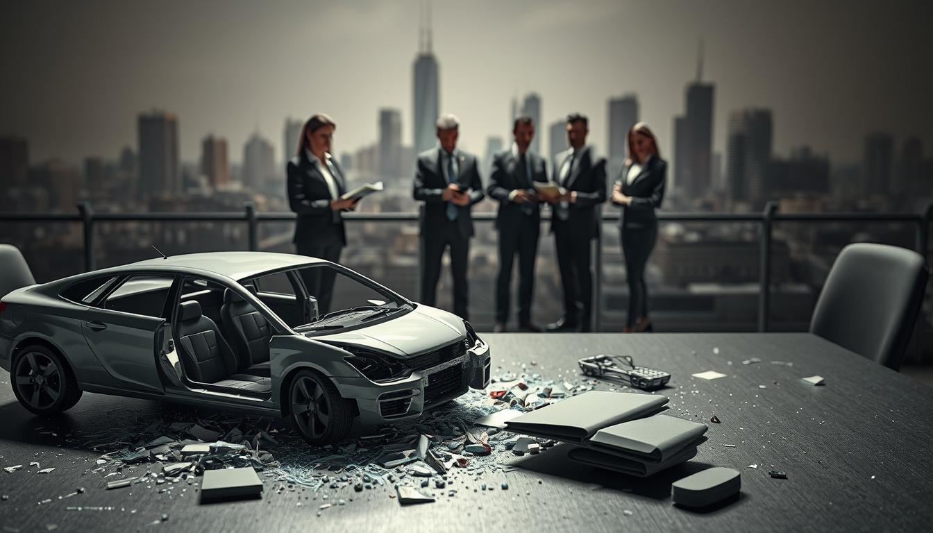 A crushed model car and broken parts on a table, with business people standing behind