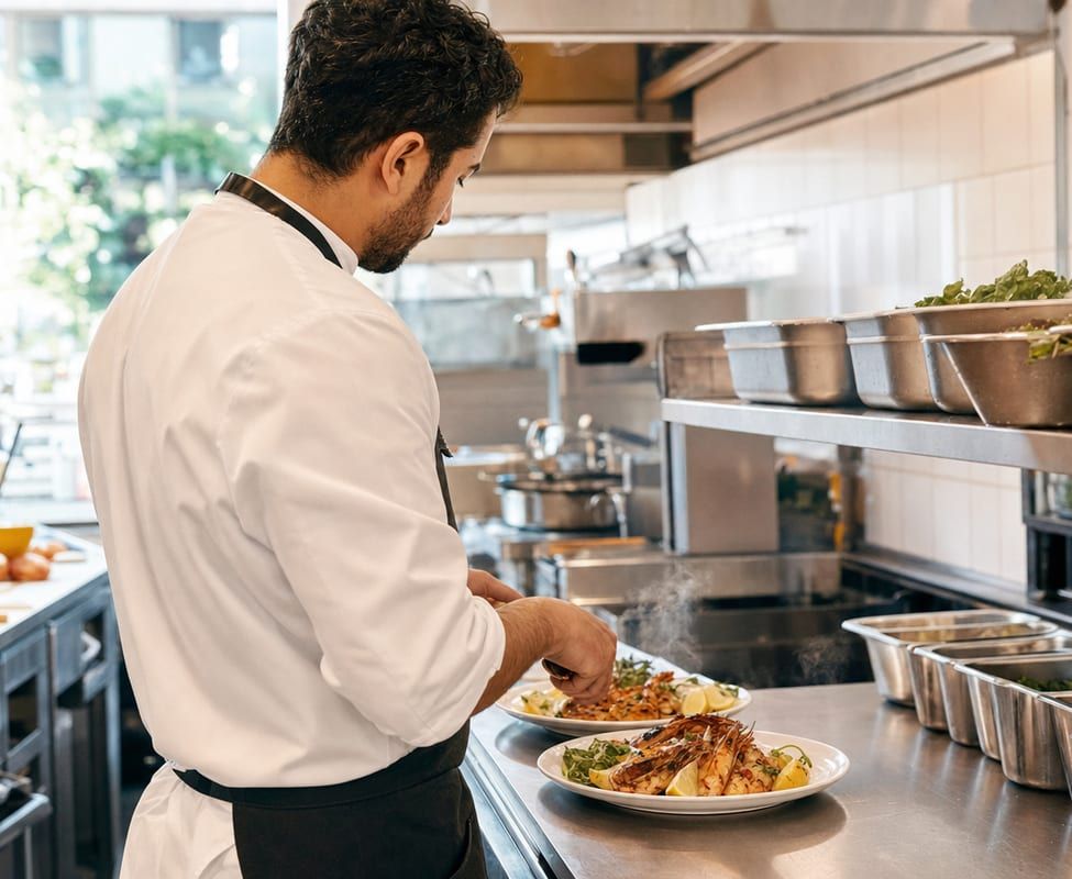 A cook plating grilled shrimp with lemon in a stainless steel restaurant kitchen