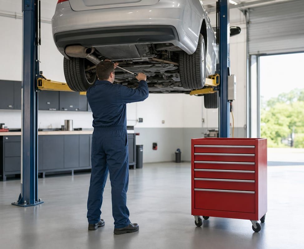 A mechanic working under a silver car raised on a lift in a clean repair shop
