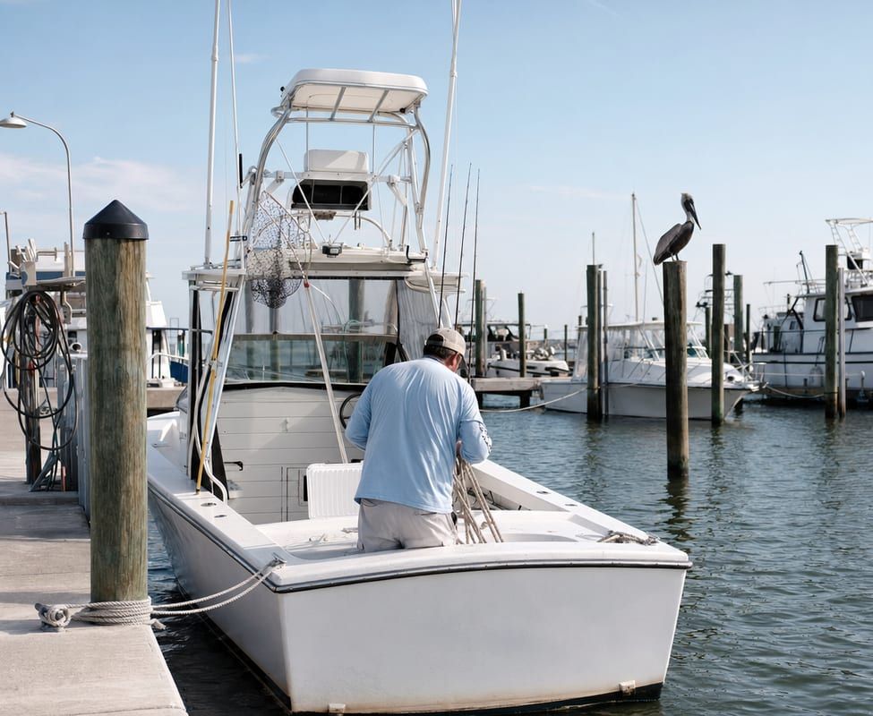 A man coiling a line on the deck of a white fishing boat tied up at a marina