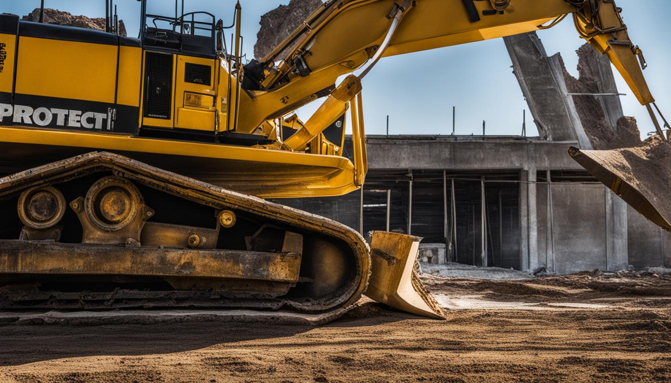 A yellow tracked excavator working beside an unfinished concrete building
