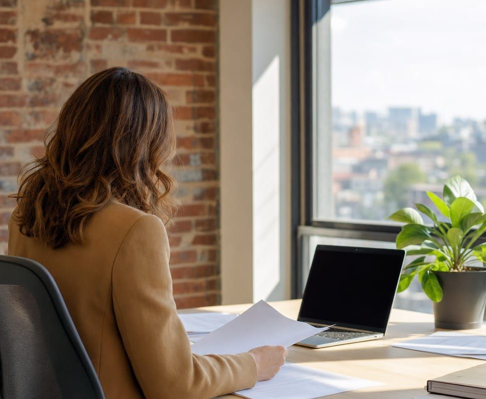 A woman in a camel blazer reading papers at a desk by a tall window in an office with a brick wall