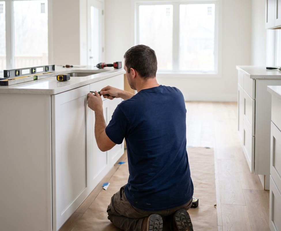 A carpenter kneeling to fit a white cabinet door in a bright new kitchen