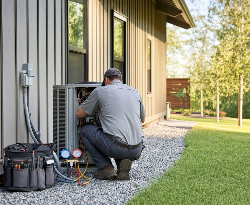 A technician kneeling to service an outdoor air-conditioning unit beside a house
