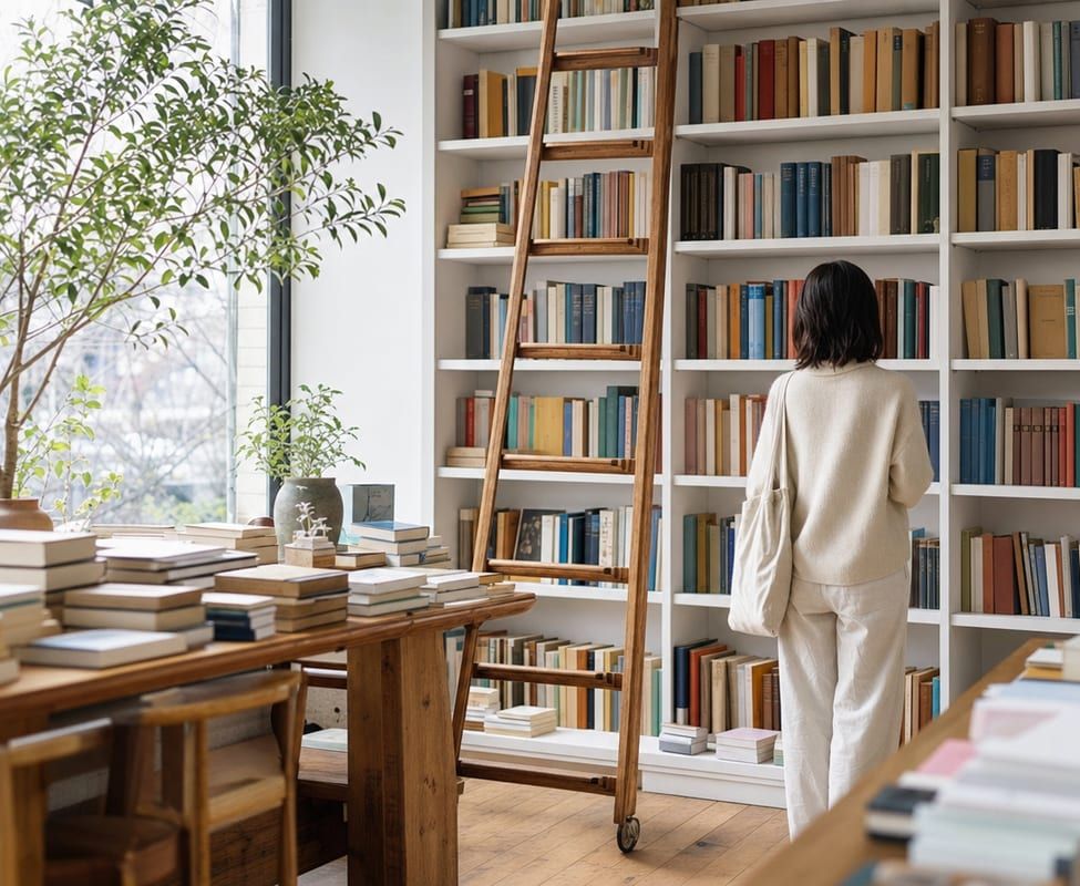 A woman browsing tall white shelves of books in a bright bookshop with a rolling ladder