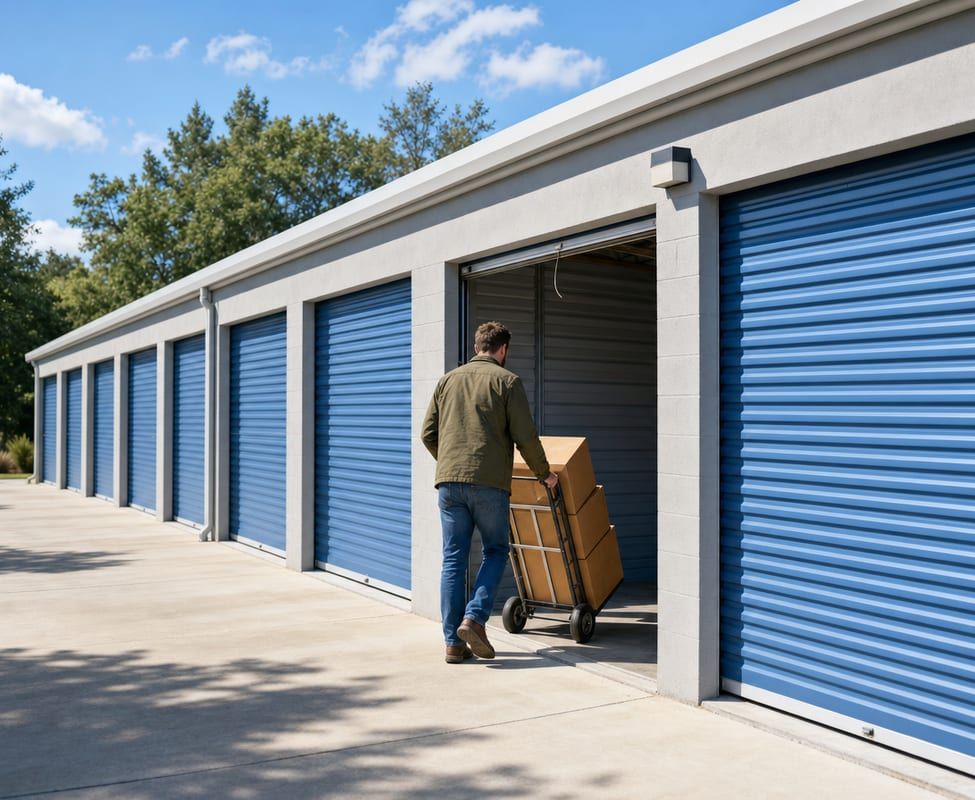 A man wheeling a hand truck of moving boxes into a self-storage unit with blue roll-up doors