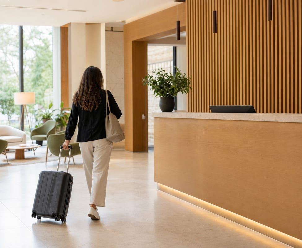 A guest wheeling a suitcase across a bright hotel lobby past a long wooden reception counter