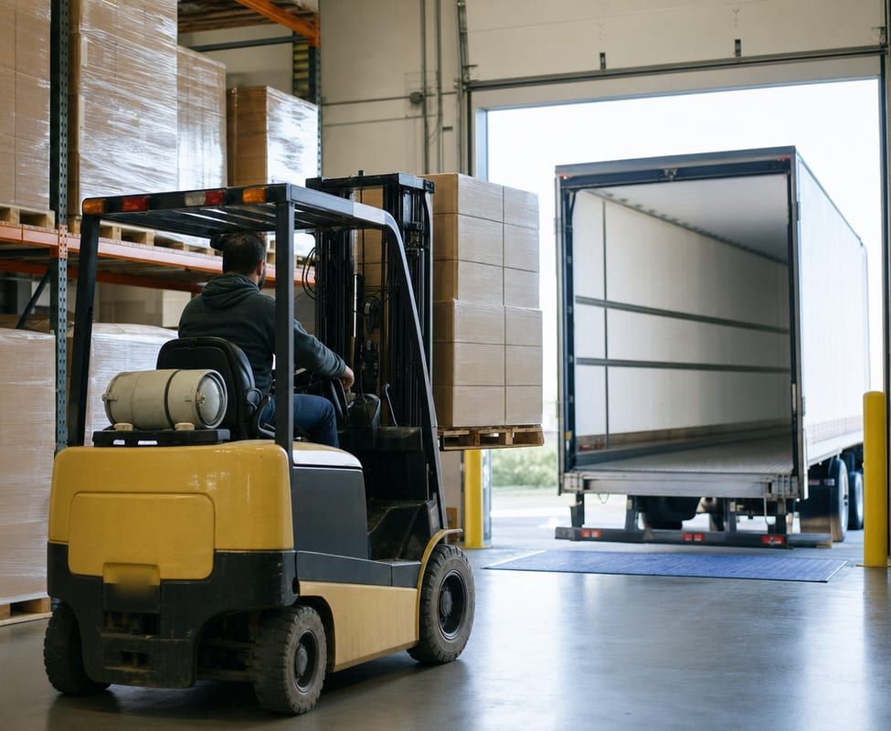 A forklift carrying a pallet of cartons toward a trailer backed up to a warehouse loading dock