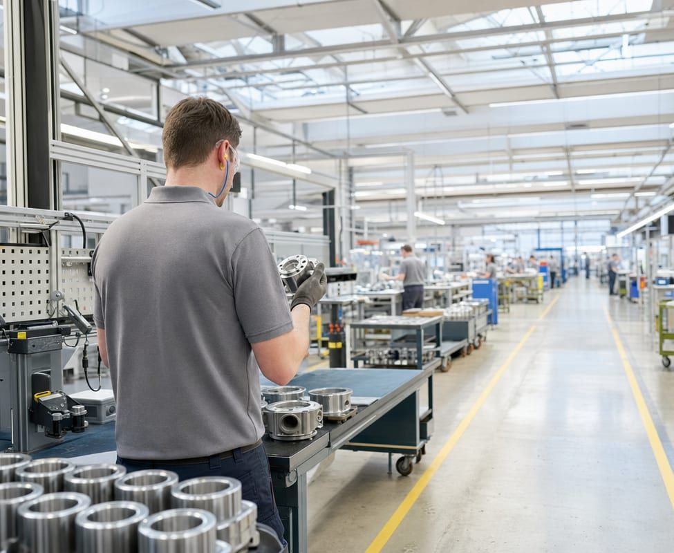 A worker checking a machined metal part at a bench on a bright factory floor